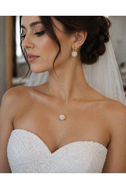 İNCİORA JEWELRY DOĞAL GERÇEK TOP KUM İNCİ 925 ayar GÜMÜŞ SET (Kolye ve Küpe)