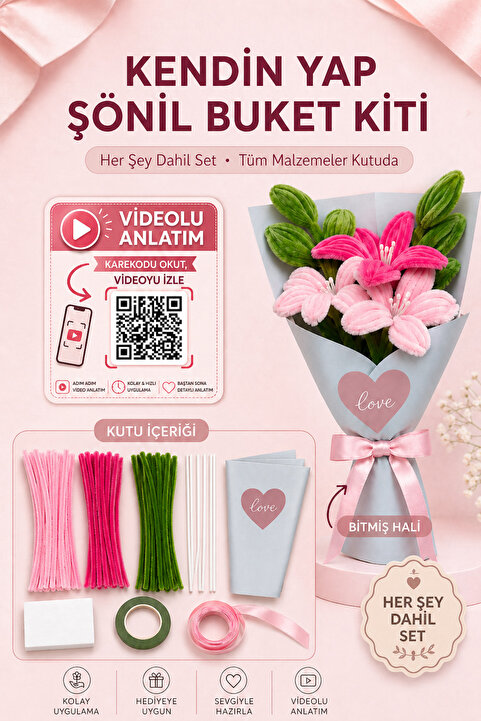 Genel Markalar Pembe Lilyum Buketi Kendin Yap (DIY) Kiti | 65 Adet Şönil İçerir Hobi ve Hediye Seti