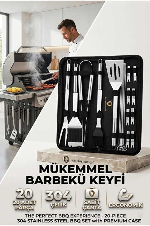 Transformacion Profesyonel Barbekü Seti 20 Parça Çantalı Paslanmaz Çelik Mangal Maşa Spatula Fırça Şiş 723132