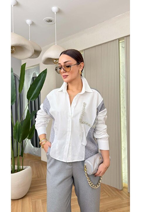 QİMYA BUTİK NOX Kadın Göğsü Taş İşli Penye Detaylı Uzun Kollu PAMUK GÖMLEK