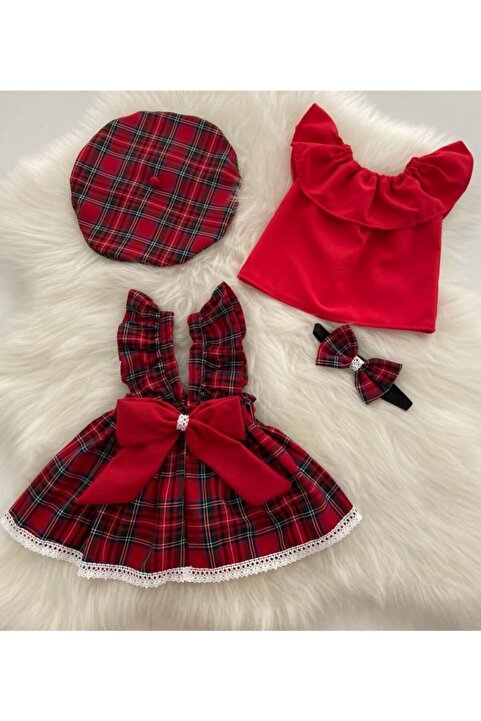 Moda Lina Kırmızı Ekose Şapka Banda Bluz Takım