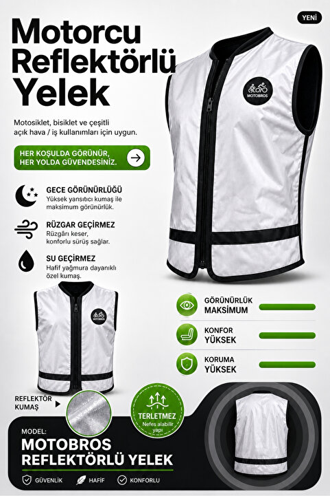 Motobros Motosiklet Reflektörlü Yelek - Motorcu Reflektör Yeleği Full 3m Reflektör (SU GEÇİRMEZ)