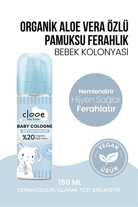 clooe Vegan Organik Aloe Vera Özlü Nemlendirici Pamuksu Bebek Kolonyası Çanta Boyu 150 ml