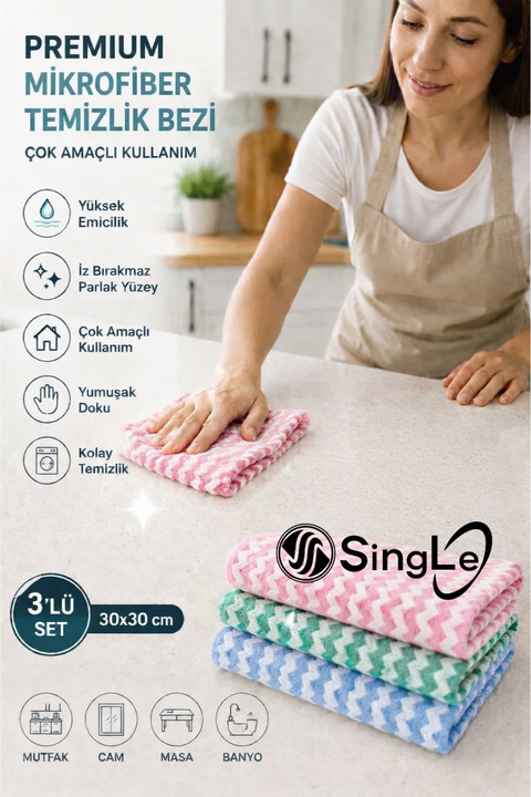 Single ( 3 Adet ) Mikrofiber Yumuşak Dokulu Temizlik Bezi 30*30 Cm Mutfak Bezi Leke Tutmaz Koku Yapmaz