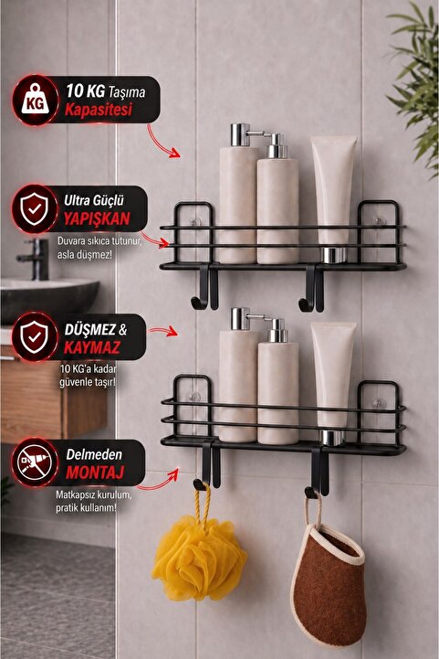 Sas Haus 2'li Siyah Yapışkanlı Banyo Rafı, Duş Şampuanlık, Metal Duvar Rafı (Vidala veya Yapıştır)