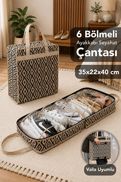 Meleni Home 6 Bölmeli Ayakkabı Hurcu - Seyahat Organizer Ayakkabı Saklama Çantası Bej 40x35x22cm