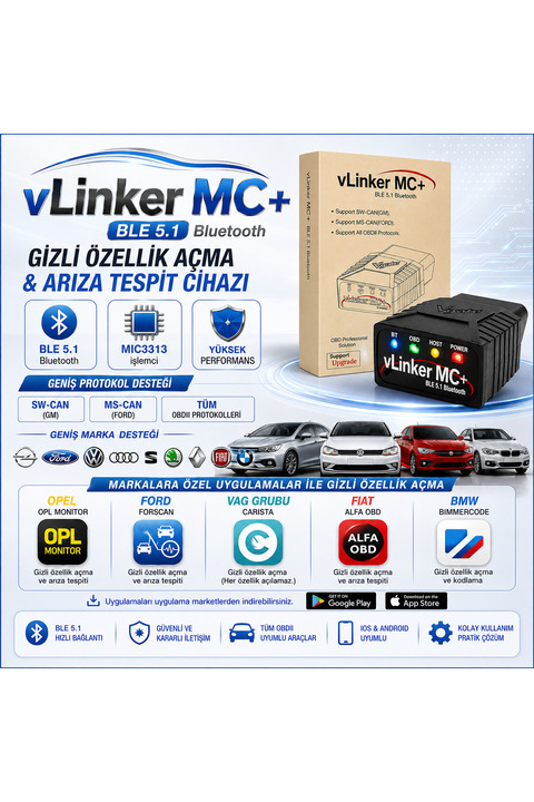 Vgate VLİNKER MC+ FORD BMW RENO OPEL GİZLİ ÖZELLİK AÇMA VE ARIZA TESPİT CİHAZI BLE 4.0 İOS ANDROİD