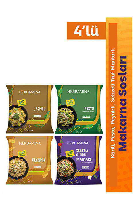 Herbamina 4'lü Pratik Makarna Sosu Seti - Körili, Pesto, Sebzeli & Trüf Mantarlı, Peynirli - 50g x 4 Adet