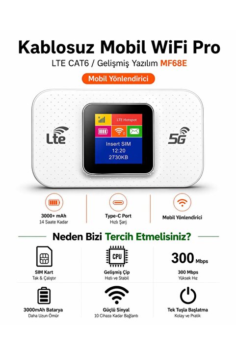 ATLT ATLANTİS KABLOSUZ MİNİ WİFİ PRO LTE 4G MODEM 3.000MAH SİM KARTLI 300MBPS YÜKSEK HIZLI KABLOSUZ YÖNLENDİRİCİ CEP TELEFONLARI DİZÜSTÜ BİLGİSAYARLAR VE TABLETLER İÇİN UYGUN 10 CİHAZA KADAR BAĞLANTI TAŞINABİLİR