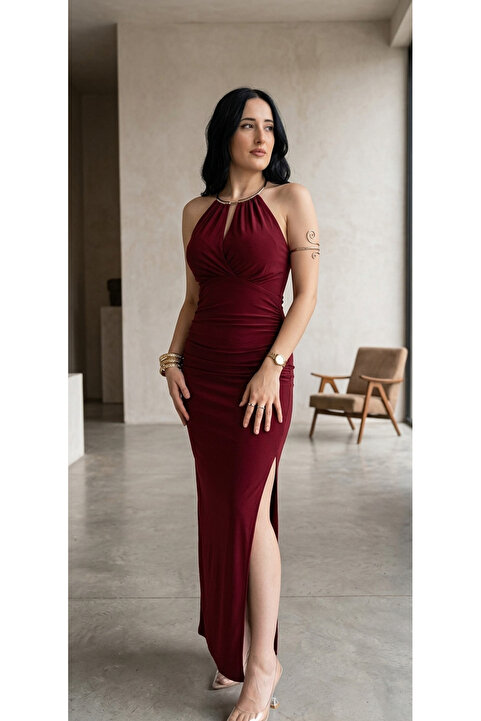 Myawomenswear Bordo Büzgülü Yırtmaçlı Özel Gün Ve Davet Maxi Elbisesi