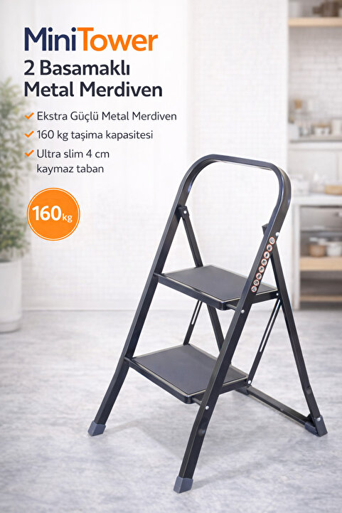 ERTEKPA MiniTower 2 Basamaklı Metal Merdiven - Ekstra Güçlü Siyah