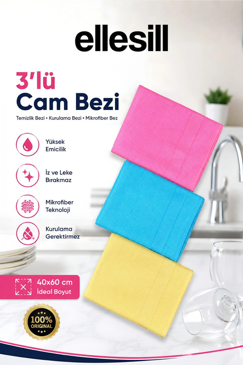 Ellesill İthal 3’lü Cam Bezi, Temizlik Bezi, Kurulama Bezi, Mikrofiber Bez - 40x60cm Renkli Bez