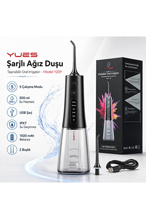 YUES Taşınabilir Ağız Duşu – 5 Modlu Şarjlı Oral Irrigator Diş Temizleme Cihazı IPX7 Suya Dayanıklı, 300 ml Geniş Hazne