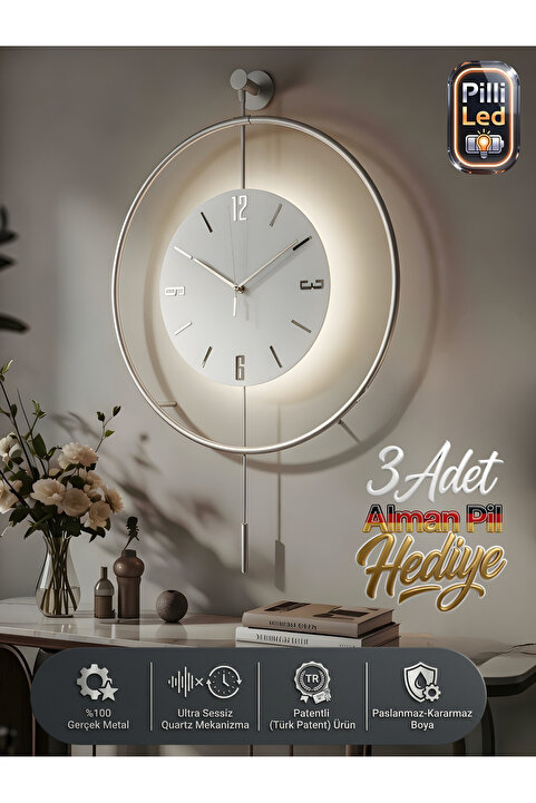 MetaQuartz Aksesuar Gümüş Kristal Seri-büyük Boy(50X75CM)- Pilli Led - Modern Dekoratif Duvar Saati