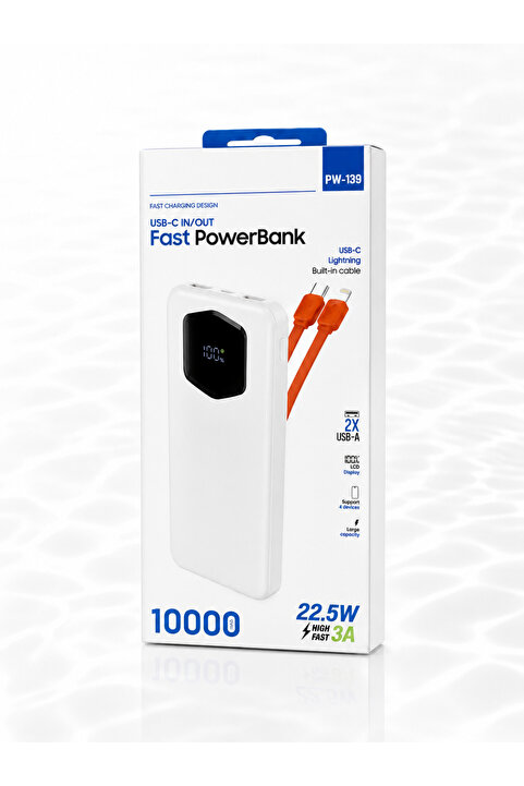 TUROVE 10.000 Mah Dijital Göstergeli Dahili 4 Kablolu Siyah Taşınabilir Powerbank,şarj Cihazı