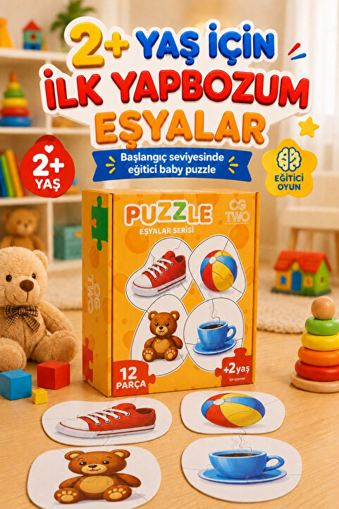 OGTWO İlk Yapbozum 2+ Yaş Eşyalar Serisi Baby Puzzle 12 Büyük Parçalı Premium Eğitici Puzzle | 2-3 Yaş