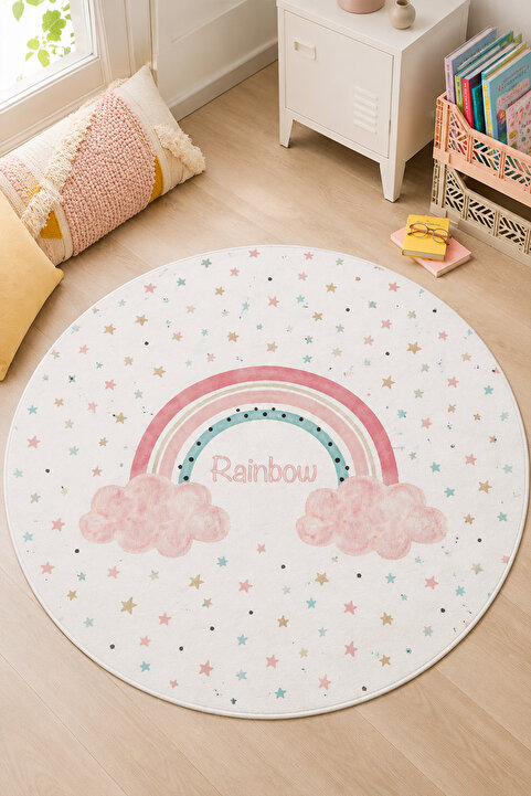 PINKIE HOME Dijital Baskı Kaymaz Taban Makinede Yıkanabilir Pembe Gökkuşağı Desenli Yuvarlak Halı-4