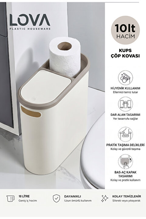 Lova 10 lt Kups Banyo,Ofis,Mutfak Çöp Kovası (KREM)