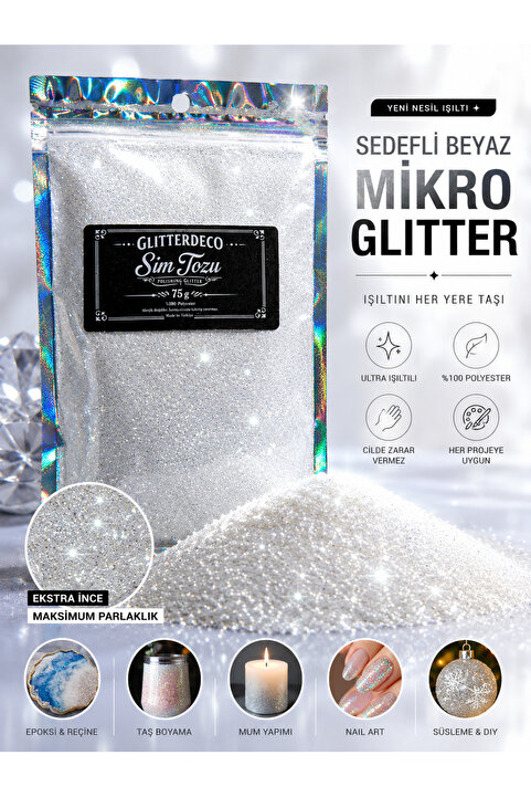 CANERLER Sedefli Beyaz Glitter Mikro Toz Sim 75gr. Kozmetik, Epoksi , Boya , NailArt Simi