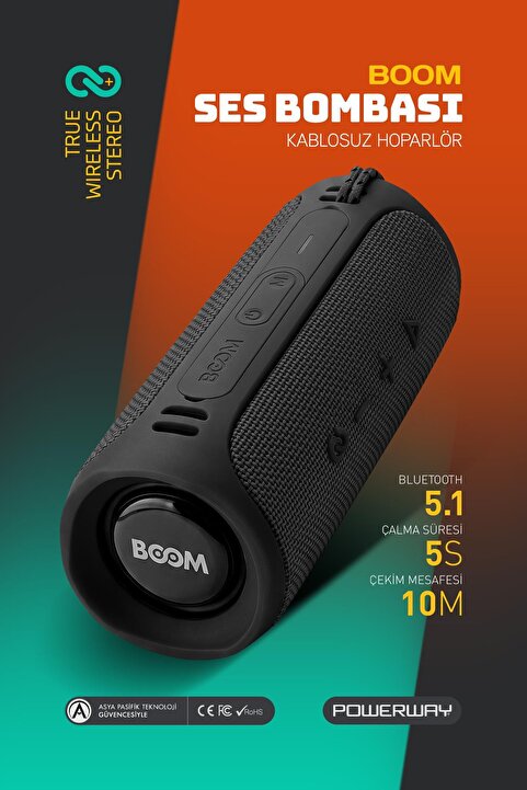 Powerway Boom Siyah Taşınabilir Ses Bombası Kablosuz Bluetooth Hoparlör Speaker Yüksek Ses Çoklu Bağlantı