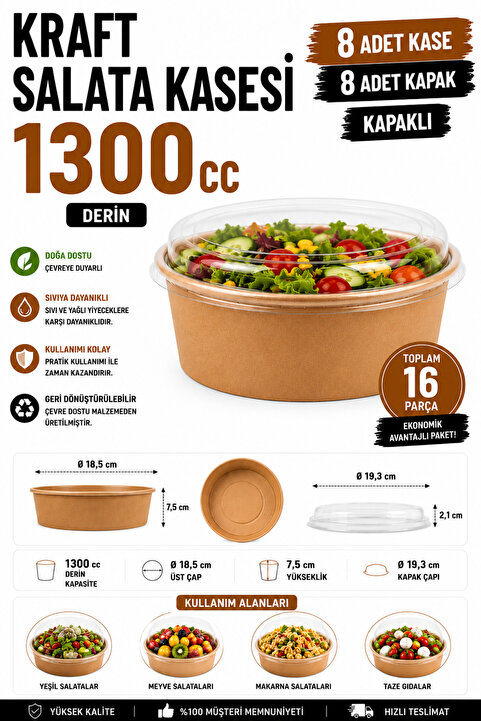 OPTİMEX 1300 cc Derin Kraft Salata Kasesi Kapaklı 8 Adet Kase 8 Adet Kapak Toplam 16 Parça 43 Oz
