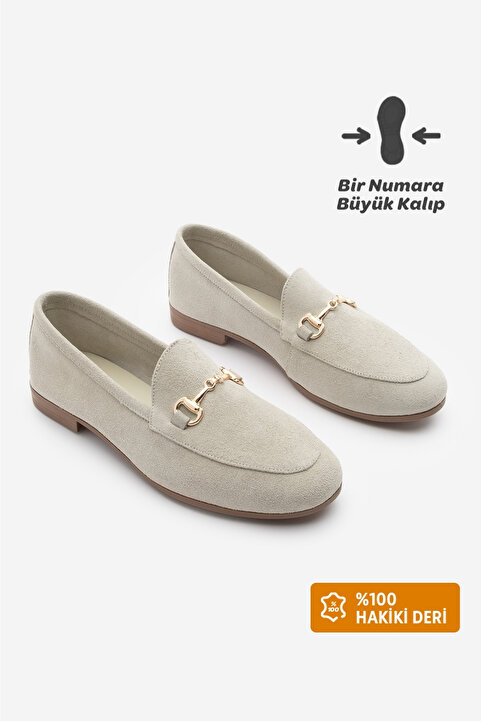 Marjin Kadın Hakiki Deri Zincirli Loafer Günlük Ayakkabı Tanle Bej Süet