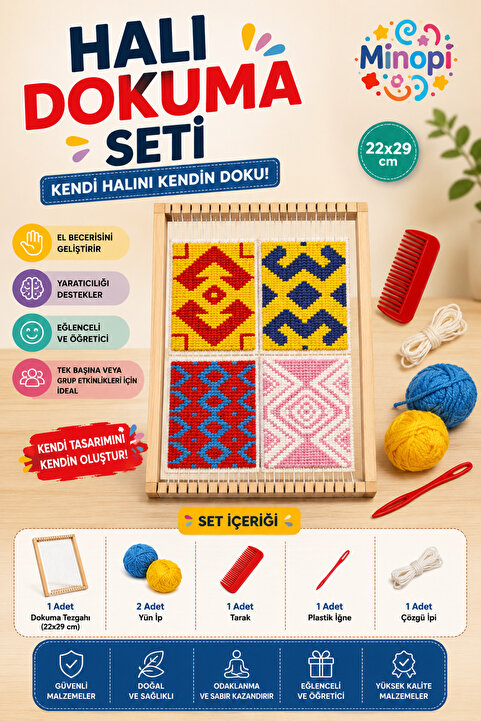 Minopi Ahşap Halı Dokuma Tezgahı 1 Paket Hobi Okul Elişi Çocuk Halı Dokuma Tezgah Seti 22x29 cm