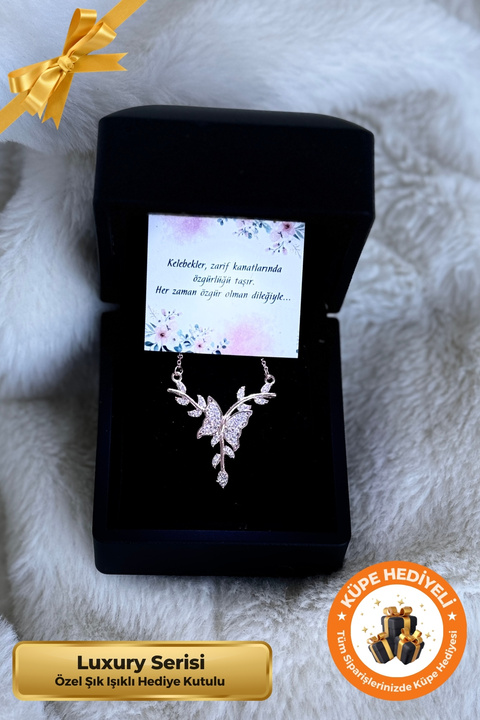 Lucente Jewellery Işıklı Hediye Kutulu Daldaki Kelebek 925 Ayar Gümüş Kaplama Kelebekli Özel Tasarım Şık Kadın Kolye