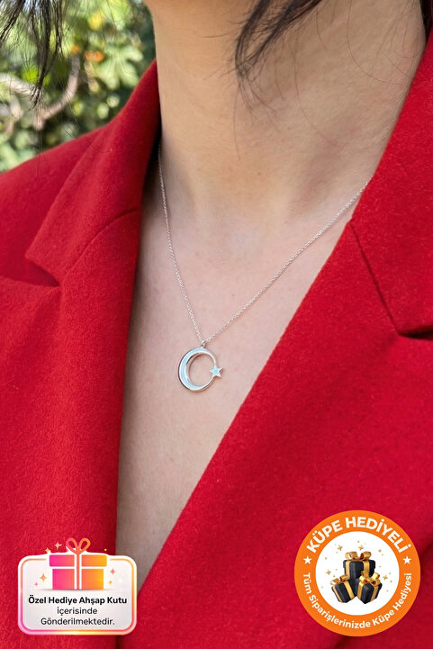 Lucente Jewellery Ay Yıldızlı Gümüş Özel Tasarım Hediyelik Türk Bayrağı Ay Yıldız Kadın Kolye