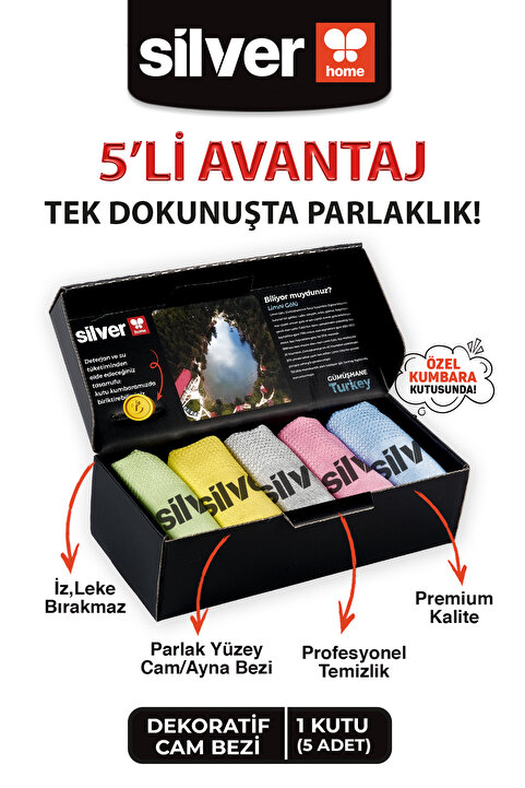 SİLVER HOME Dekoratif Cam Bezi 5’li Premium Mikrofiber İz Bırakmayan Büyük Boy Cam Silme Bezi 42x68