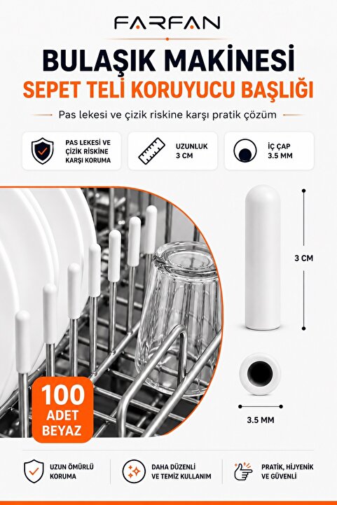farfan 100 Adet Beyaz Bulaşık Makinesi Sepet Ucu Kapak | Pas ve Küf Önleyici Çizilmeyi Engeller | BPA Free