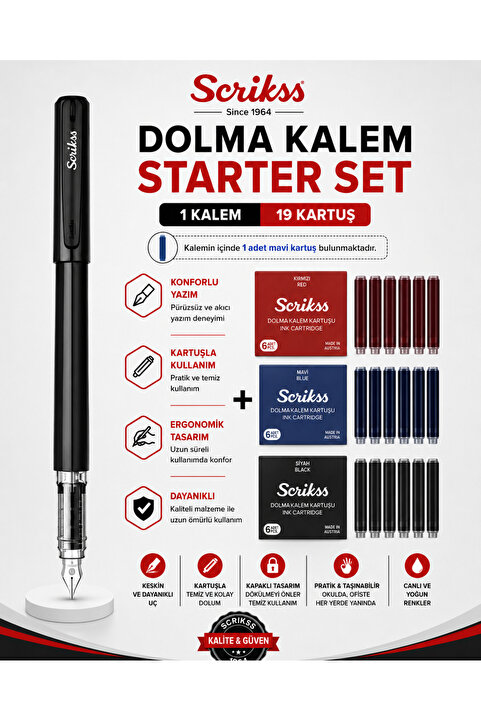 Scrikss Primeo Dolma Kalem Sİiyah & Kırmızı - Mavi - Siyah Kartuş Set