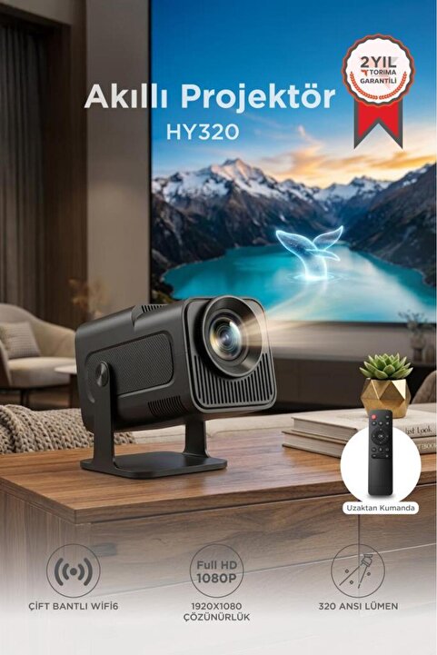 Torima Projeksiyon Cihazı Taşınabilir Ev Sinema 4K 1080P Android Akıllı Projektör HY320 Siyah