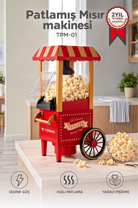 Torima Mısır Patlatma Makinesi Yağsız Ev Tipi Popcorn Makinesi TPM01 Kırmızı