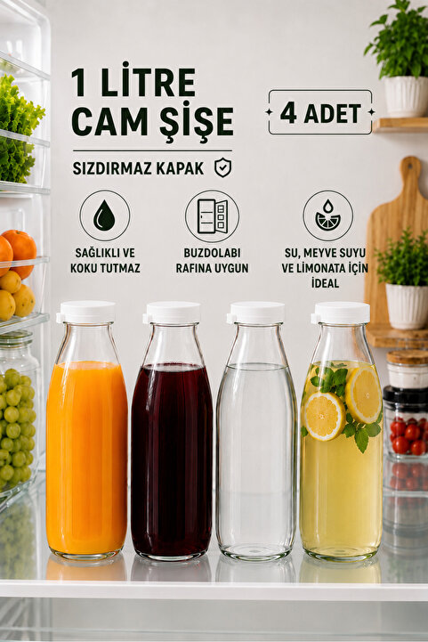 Rotanev 4 Adet Beyaz Plastik Kapaklı Cam Şişe 1 Litre Şeffaf Sürahi Süt, Ayran, Su, Limonata Meşrubat Şişesi