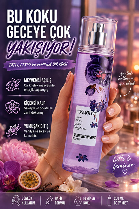 Cosmolive Vücut Spreyi Body Mist | Bombshell | Midnight Wishes | Kadın | Işıltılı | Nemlendirici | 250 ml