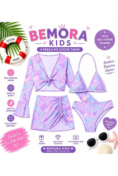 3b kids mayo bikini takımı etek büstiyer renkli mor renk genç kız çocuk