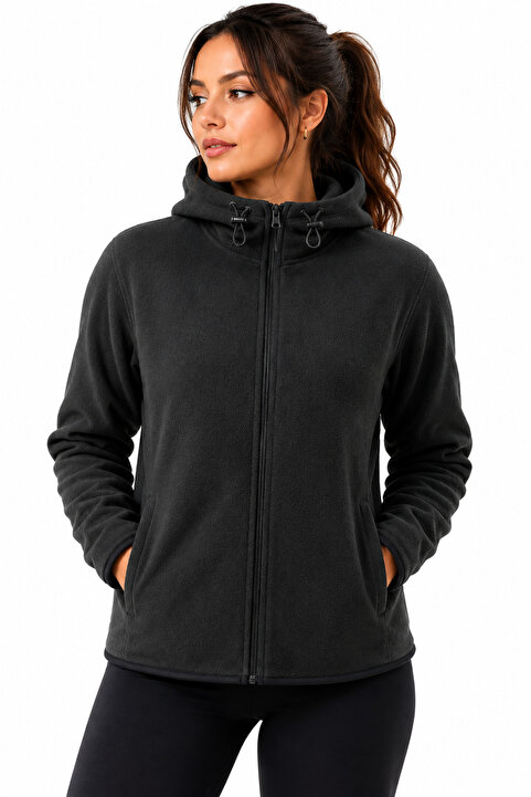 Ghassy Co Kadın Siyah Kapşonlu Fermuarlı Polar Sweatshirt