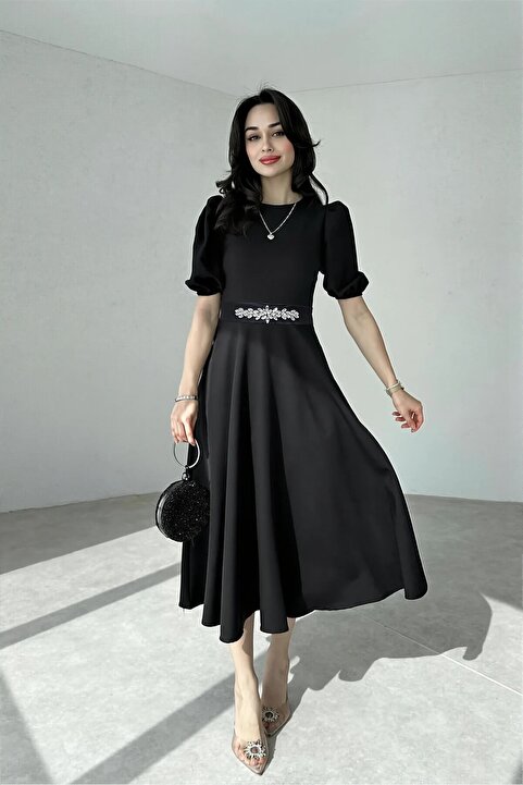 ALFUDO Moda Collection Siyah Karpuz Kollu Midi Boy Abiye Mezuniyet Elbise