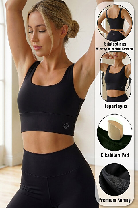 LoremLavida Pedli Spor Sütyen Kalın Askılı Crop Model Premium Kalite Siyah