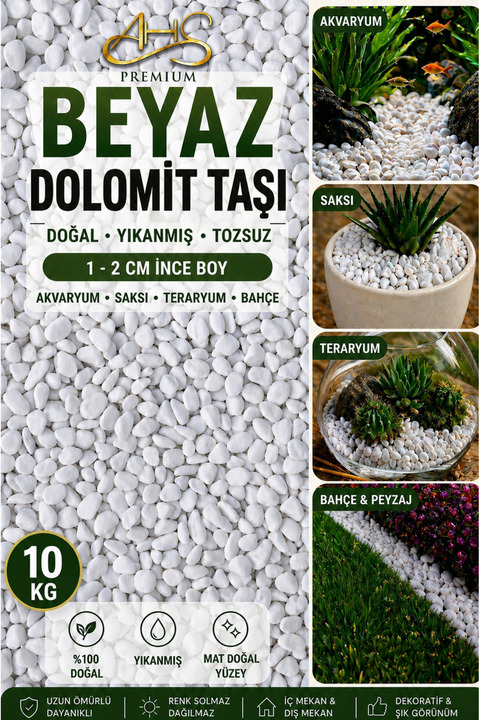 AHS Beyaz Dolomit Taş 5 Kg 1-2 Cm Dere Çakıl Taşı Bahçe Peyzaj Süs Taşı Saksı Teraryum Akvaryum Taşı