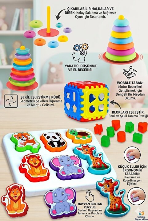 oruçoyuncak Eğitici Oyuncaklar Sallanan Halkalar + Sevimli Hayvanlar Bultak + Bultak Puzzle Bebek ilk Oyuncakları
