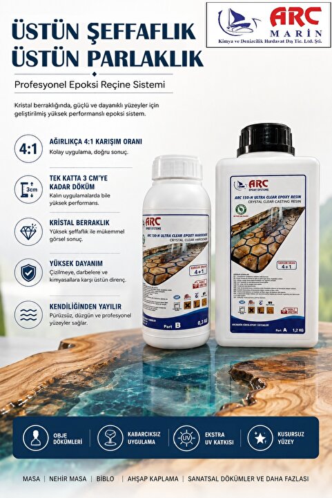 ARCMARİN KİMYA VE DENİZCİLİK HIRDAVAT Arc 150 Ultra Şeffaf Döküm Tipi Kristal Clear Epoksi Reçine - 1,5 Kg Set