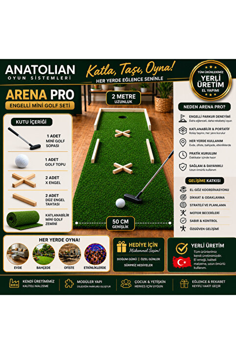 Anatolian Arena Pro Katlanabilir Mini Golf Seti | Portatif Ev Tipi Golf Oyunu | Montessori I Çocuk & Yetişkin | Hediye