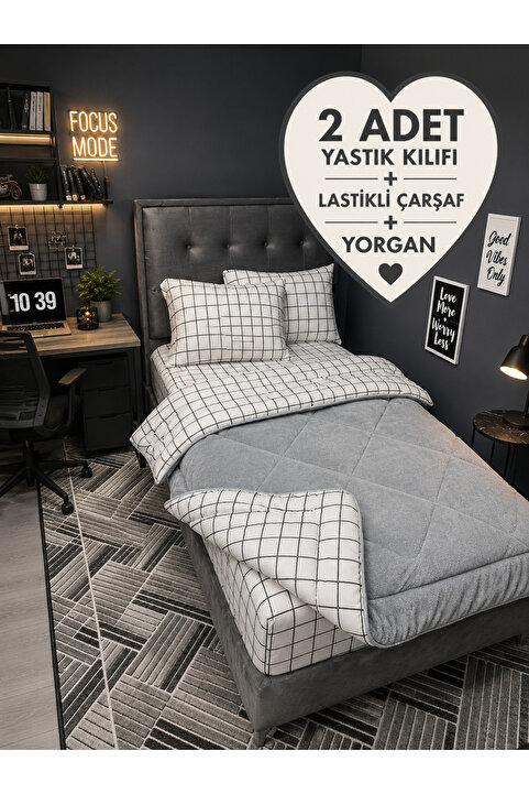 violacasa Tek Kişilik Welsoft Pufidik Uyku Seti (Lastikli Çarşaflı) Beyaz Kare