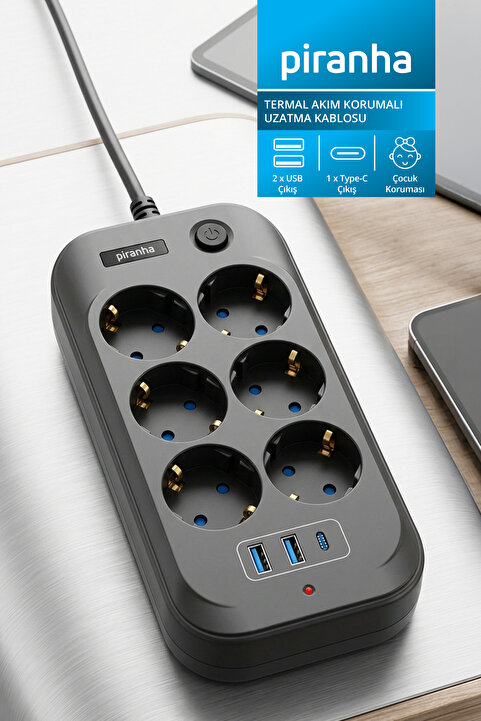 Piranha 45660 Akım Korumalı 6'lı Priz Uzatma Kablosu / 2 x USB - 1 x Type-C Girişli / 2 Metre Kablo Uzunluğu