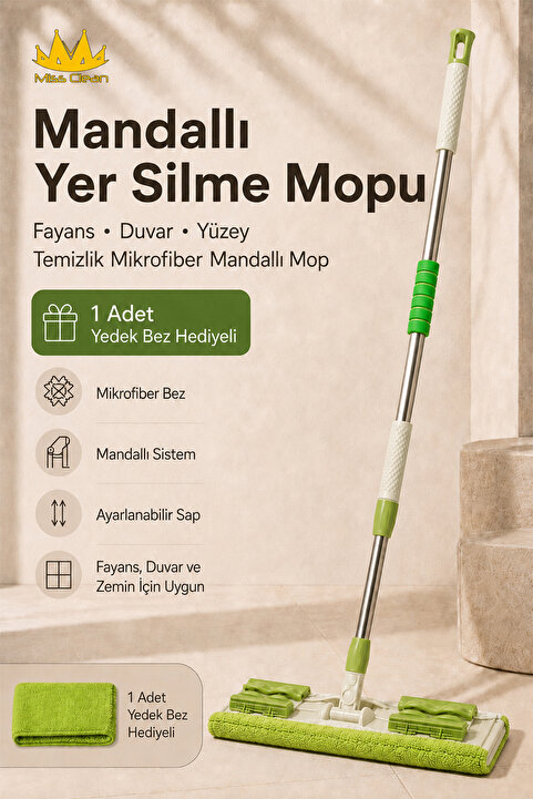 MissClean ( 1 Adet Yedek Bez Hediyeli ) Yer Mopu Fayans Duvar Yüzey Temizlik Mikrofiber Paspas Mandallı Mop