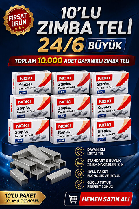 ANI OFİS KIRTASİYE A K Zımba Teli 24/6 Büyük – 10’lu Paket (Toplam 10.000 Tel) / Dayanıklı Metal Tel