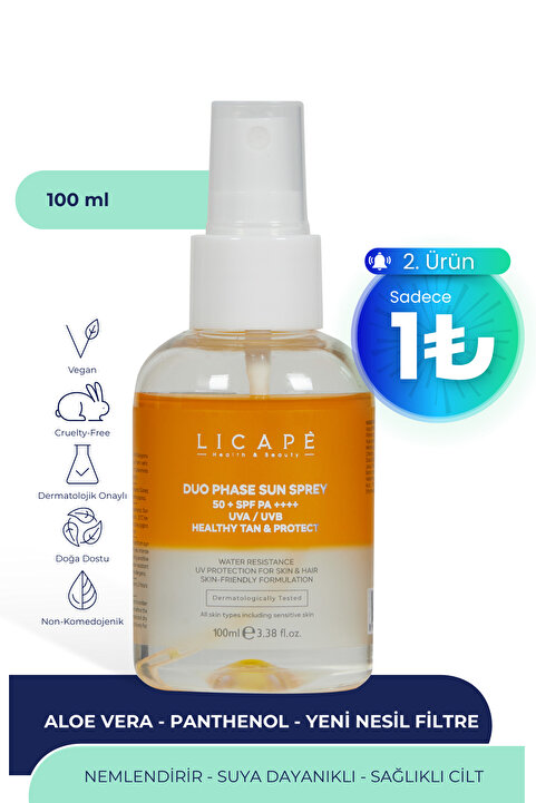 Licape Kuru Ve Hassas Ciltler İçin İki Aşamalı, Su Bazlı Ve Suya Dayanıklı Güneş Kremi 100ml