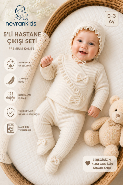 nevrankids Kız Bebek Yeni Doğan Dantel Detaylı Laura Şapkalı 5'li Hastane Çıkış Seti